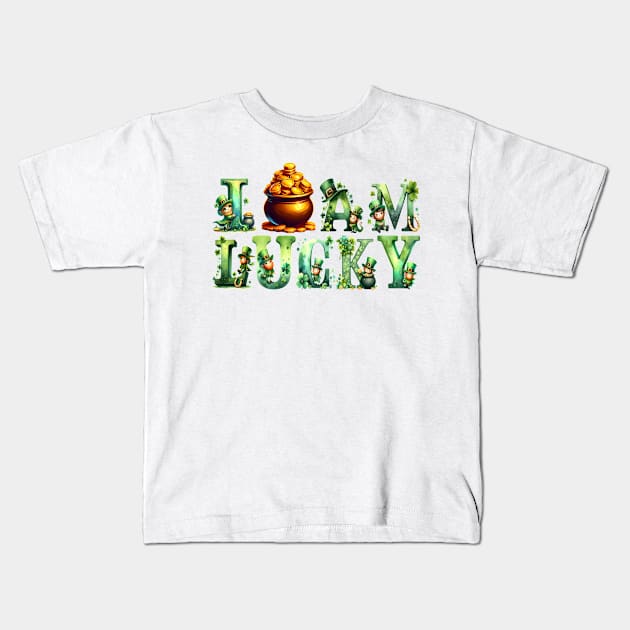 I am lucky watercolor pretty Leprechaun Pot Of Golden coins cute alphabet Irish Cultural St Patrick's Day Shamrock 4 leaf clover green letter Kids T-Shirt by First Phenixs